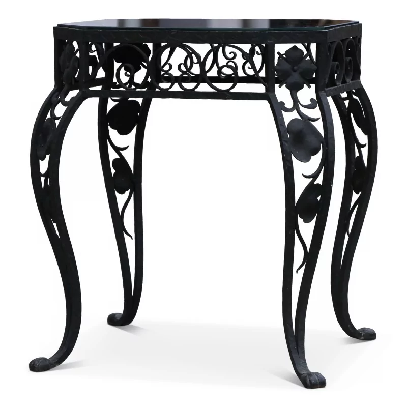 Wrought iron table / bedside table with black glass top. - Moinat - End tables, Bouillotte tables, Bedside tables, Pedestal tables